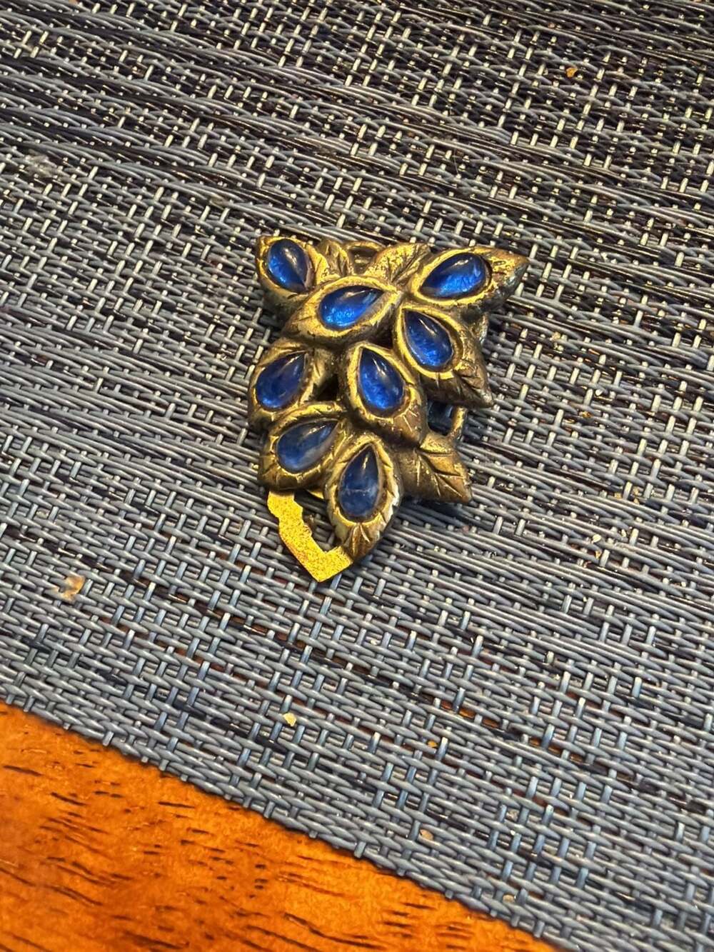 Vintage Art Deco Czech Blue Leaf And Gold Dress Clip